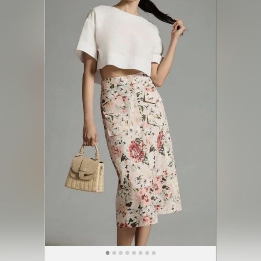 Mare Mare X Anthropologie Floral Midi Skirt - Cream and Pink